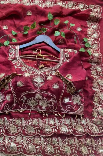 Maroon satin embroidered saree with sequins work