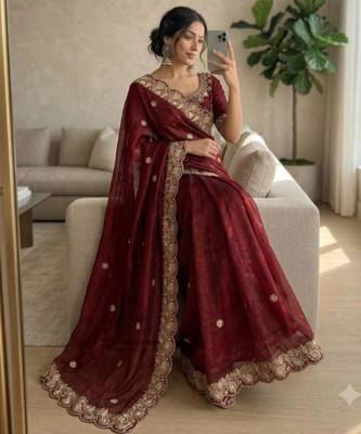 Maroon satin embroidered saree with sequins work 4