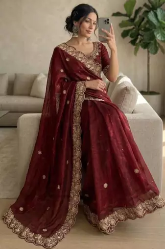 Maroon satin embroidered saree with sequins work