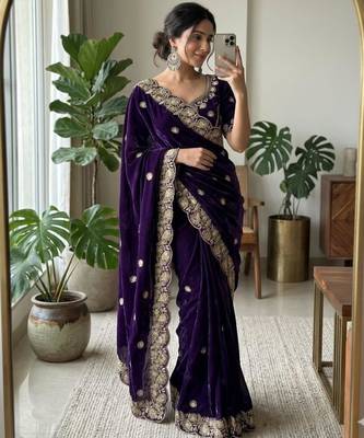 Purple satin embroidered saree with sequins work 1