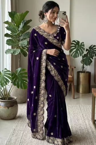 Purple satin embroidered saree with sequins work
