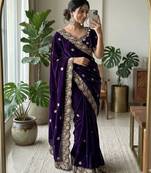 Purple satin embroidered saree with sequins work