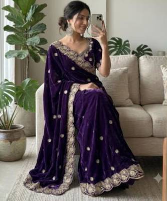 Purple satin embroidered saree with sequins work 2