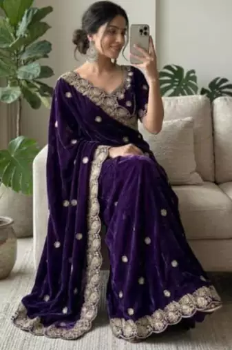 Purple satin embroidered saree with sequins work