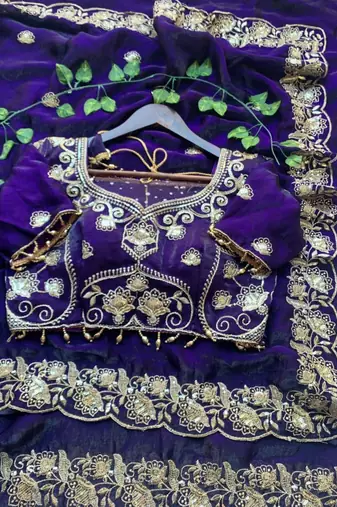 Purple satin embroidered saree with sequins work