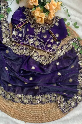 Purple satin embroidered saree with sequins work