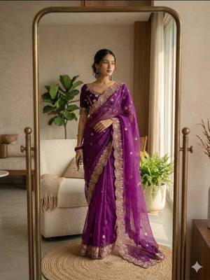 Plum satin embroidered saree with sequins work 1