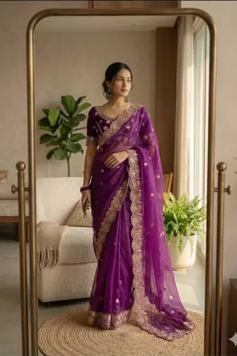 Plum satin embroidered saree with sequins work