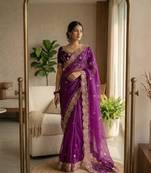 Plum satin embroidered saree with sequins work