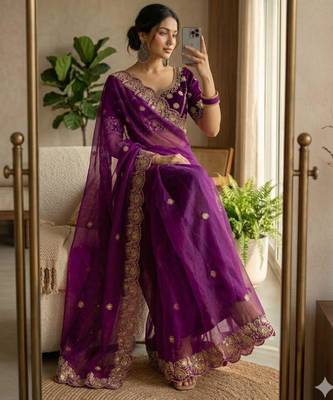 Plum satin embroidered saree with sequins work 2