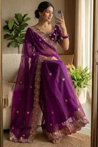 Plum satin embroidered saree with sequins work
