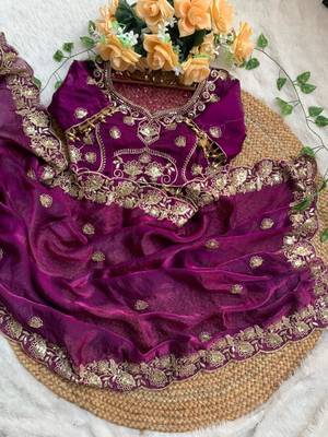 Plum satin embroidered saree with sequins work 3