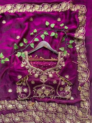 Plum satin embroidered saree with sequins work 4