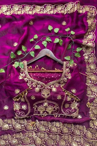 Plum satin embroidered saree with sequins work