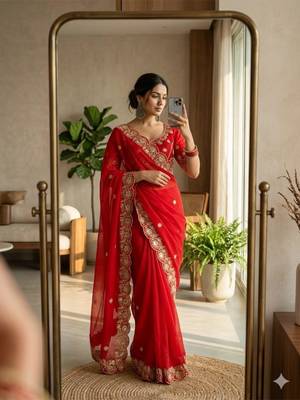 Red satin embroidered saree with sequins work 1