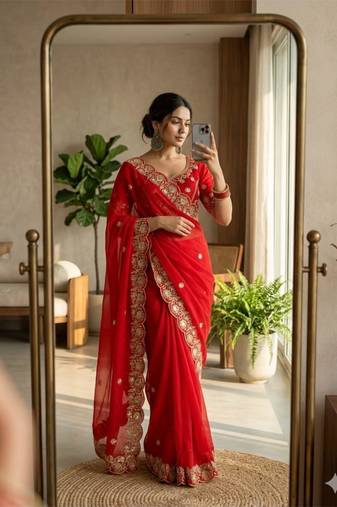 Red satin embroidered saree with sequins work