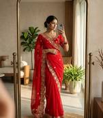 Red satin embroidered saree with sequins work