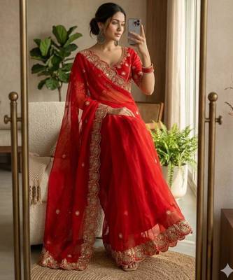 Red satin embroidered saree with sequins work 2