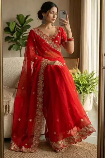 Red satin embroidered saree with sequins work