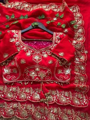 Red satin embroidered saree with sequins work 3