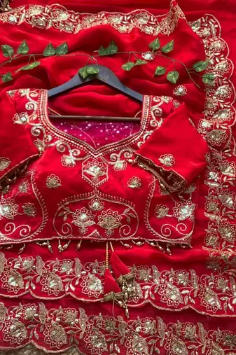 Red satin embroidered saree with sequins work