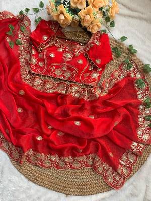 Red satin embroidered saree with sequins work 4
