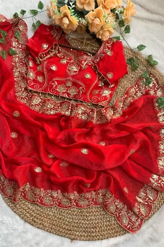 Red satin embroidered saree with sequins work