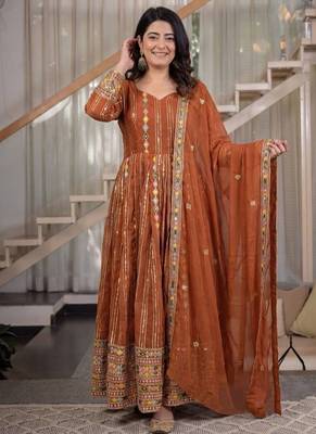 Rust embroidery brocade full stitched anarkali suit 1