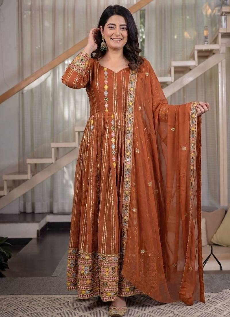 Rust embroidery brocade full stitched anarkali suit