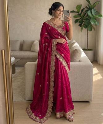 Rani pink satin embroidered saree with sequins work 1