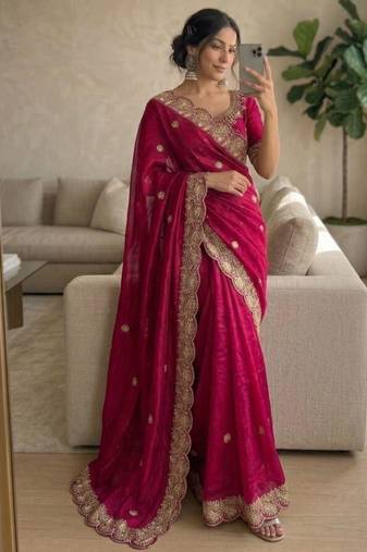 Rani pink satin embroidered saree with sequins work