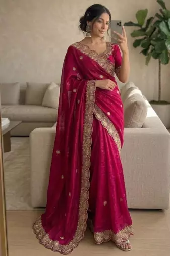 Rani pink satin embroidered saree with sequins work