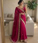 Rani pink satin embroidered saree with sequins work