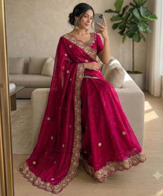 Rani pink satin embroidered saree with sequins work 2