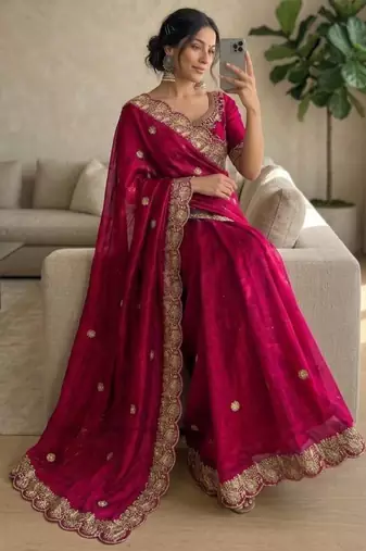 Rani pink satin embroidered saree with sequins work