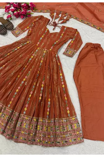 Rust embroidery brocade full stitched anarkali suit