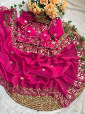 Rani pink satin embroidered saree with sequins work 3