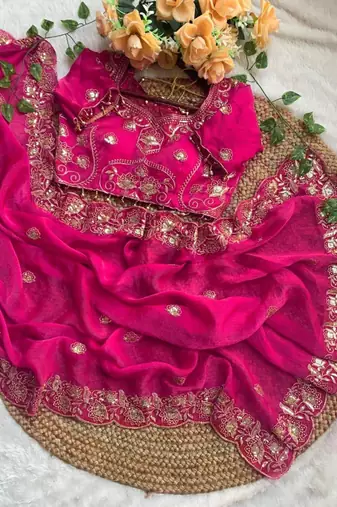 Rani pink satin embroidered saree with sequins work