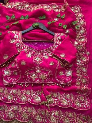 Rani pink satin embroidered saree with sequins work 4
