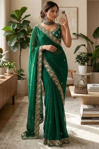 Green satin embroidered saree with sequins work