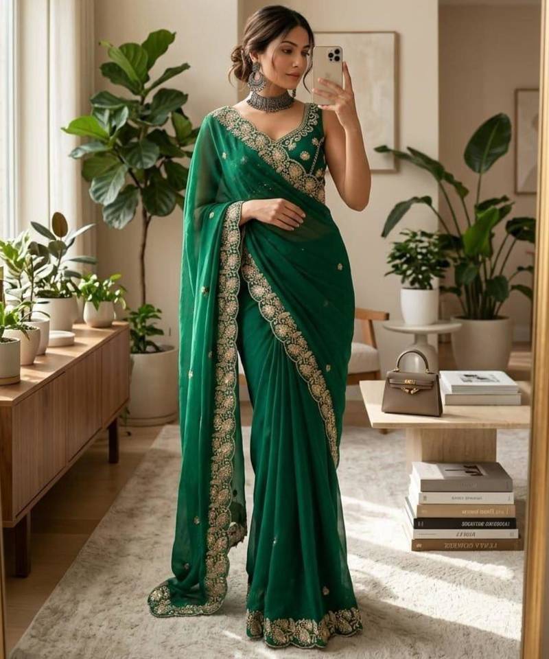 Green satin embroidered saree with sequins work