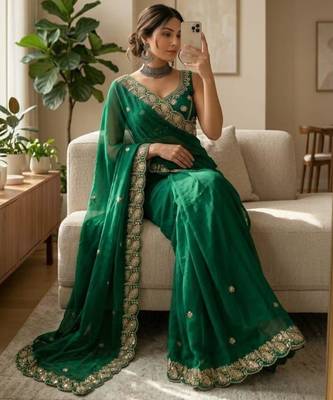 Green satin embroidered saree with sequins work 2