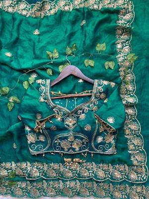 Green satin embroidered saree with sequins work 3