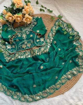 Green satin embroidered saree with sequins work 4