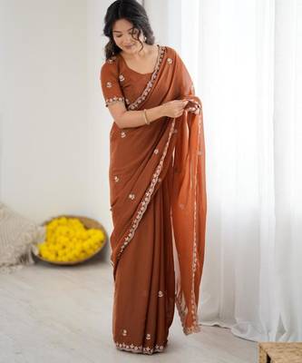 Brown georgette embroidered saree with sequins work 1
