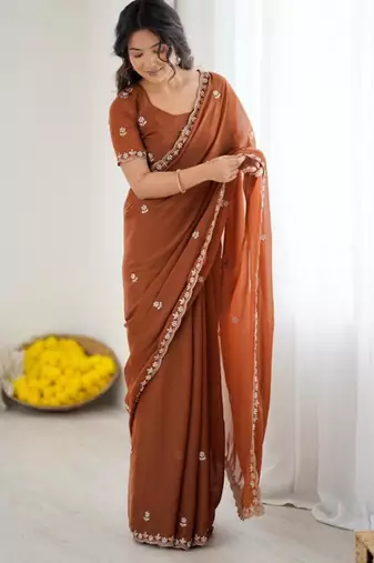 Brown georgette embroidered saree with sequins work