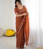 Brown georgette embroidered saree with sequins work