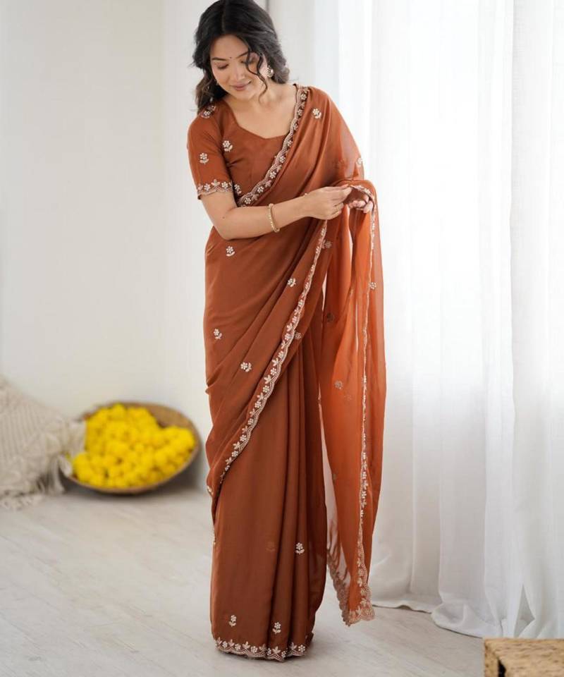 Brown georgette embroidered saree with sequins work
