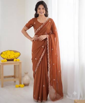 Brown georgette embroidered saree with sequins work 2