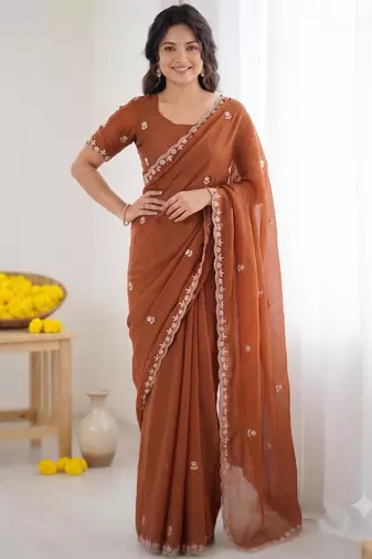 Brown georgette embroidered saree with sequins work